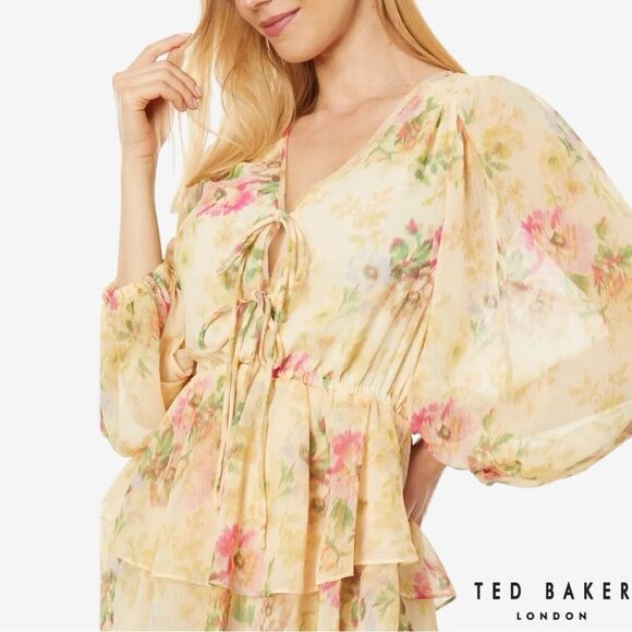 Ted Baker **NWT** Tamziiy Floral Print Tie Front Mini Dress, Tan - Picture 5 of 12